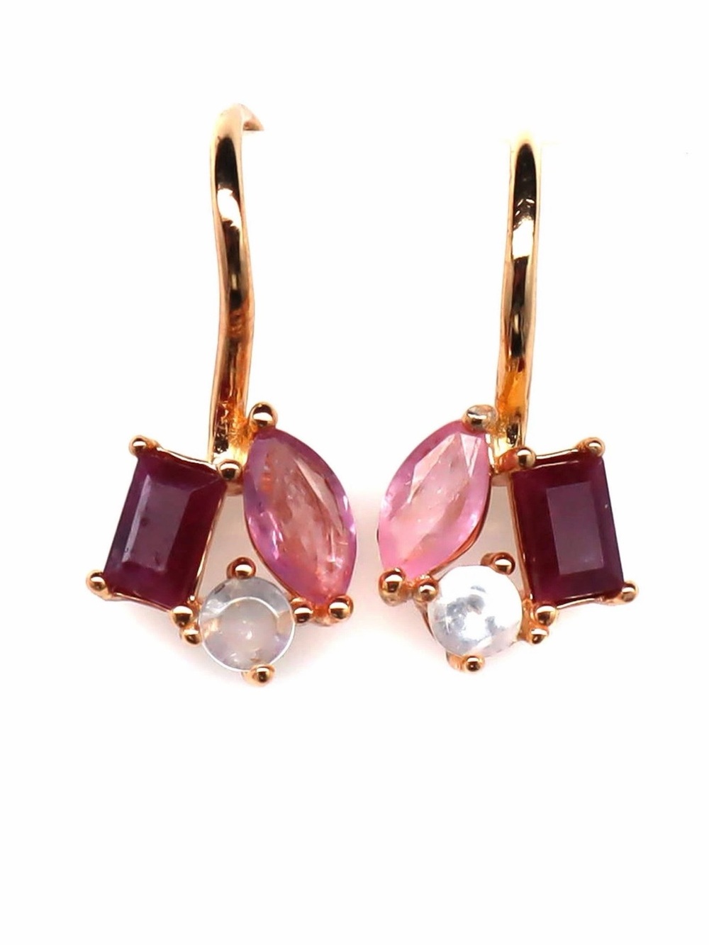 Stunning Natural 1.10CT Red & Pink Ruby & Topaz French Hook 18K Gold Earrings